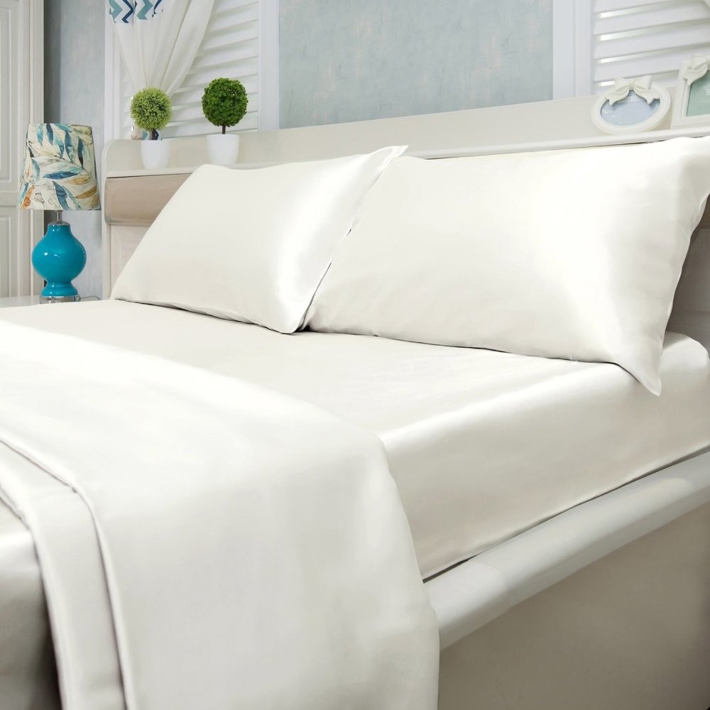 4-Piece Silky Soft Satin Sheet Set - White - Queen Size